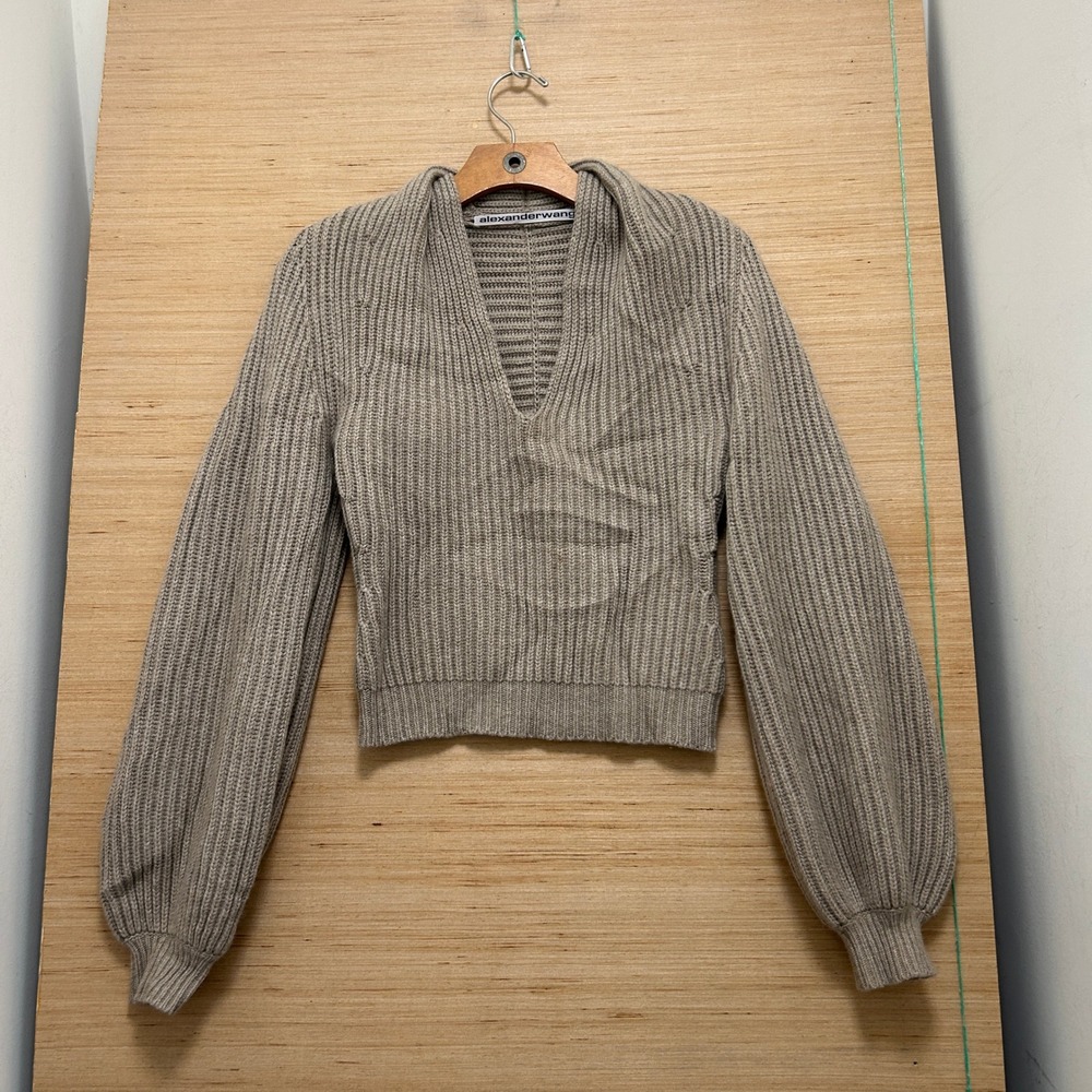 Alexander Wang Taupe Wool Cashmere Ribbed V-Neck Balloon Sleeve Sweater XS